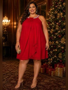 R&M Richards Red Rhinestone Embellished Sleeveless Dress 20W
